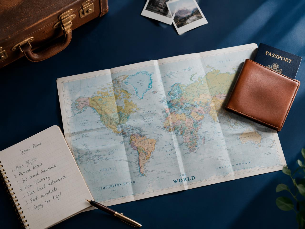 Travel planning materials including a world map, notebook and passport holder